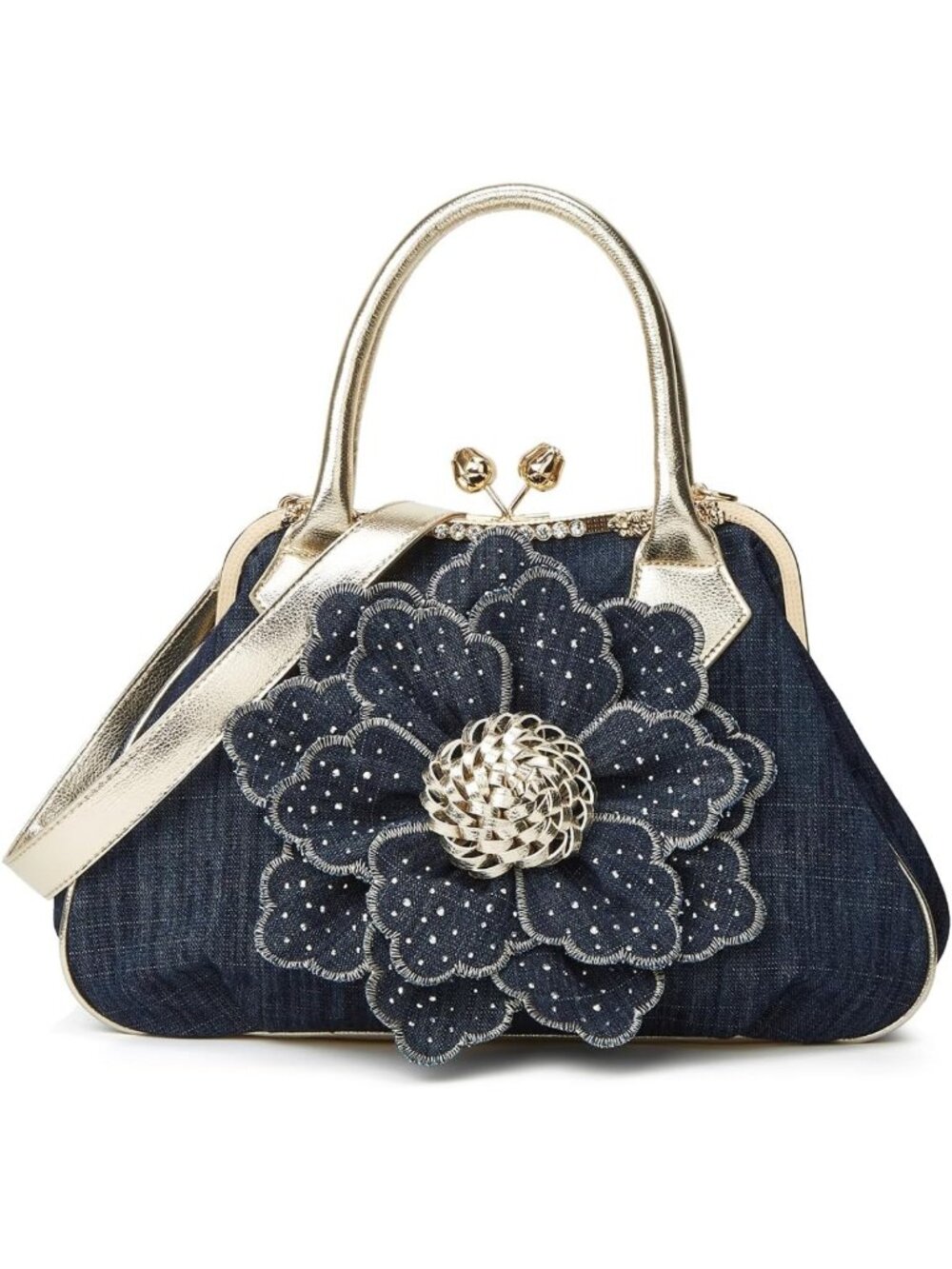 Elegant Women's Denim Tote Handbag with Rhinestone Flower Clutch & Crossbody